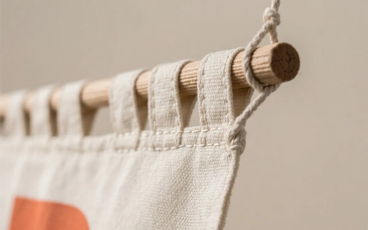 横幅材质与固定方式的近景示意，强调包边与安全加固的细节