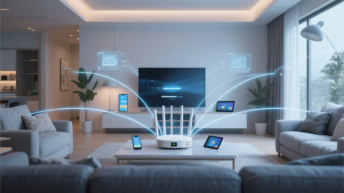 路由器与智能电视、手机、平板、投影在家中组成稳定网络的示意场景